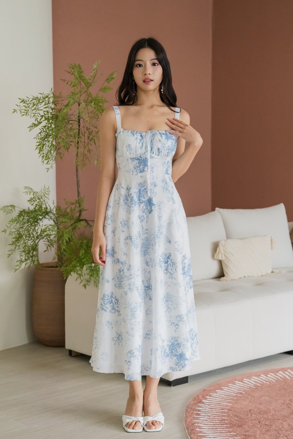 Madilyn Ribbon Tie Back Midi Dress (Blue Floral) Madilyn Ribbon Tie Back Midi Dress (Blue Floral)