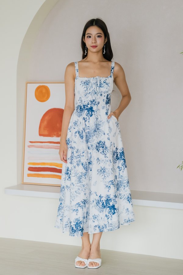 Madilyn Ribbon Tie Back Midi Dress (Dark Blue Floral)