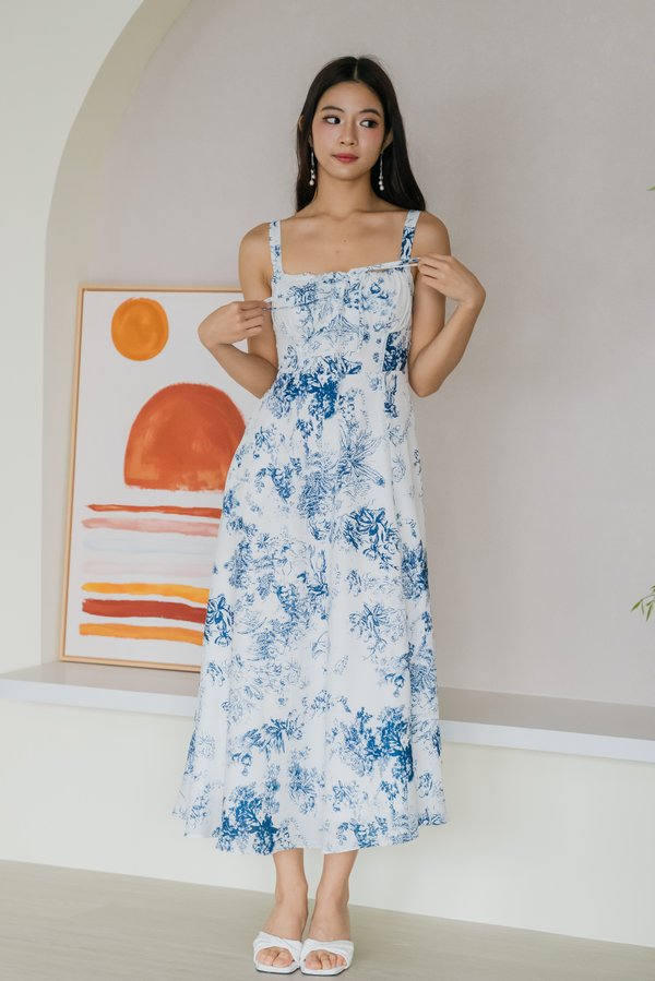 Madilyn Ribbon Tie Back Midi Dress (Dark Blue Floral)