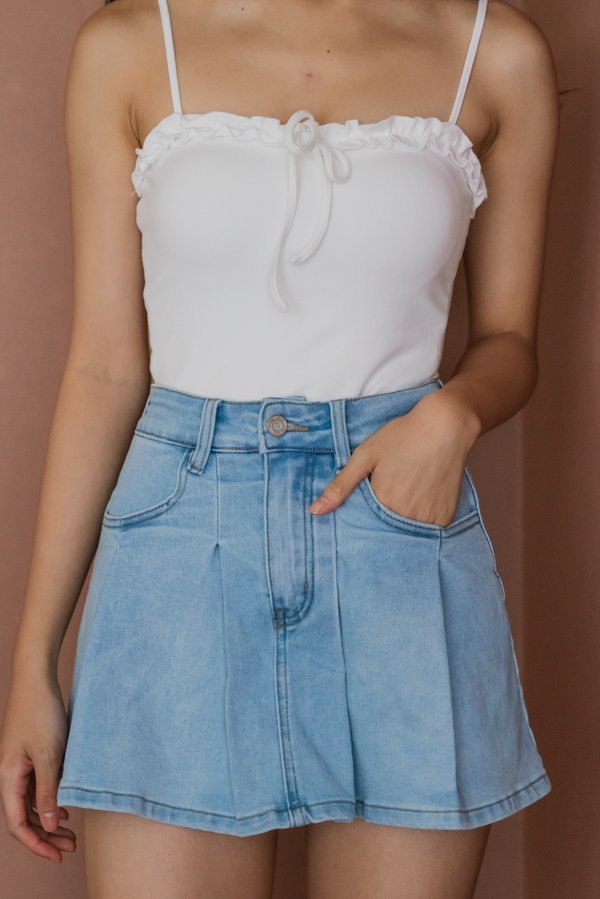 Merielle Denim Pleated Skorts (Light Wash) Merielle Denim Pleated Skorts (Light Wash)