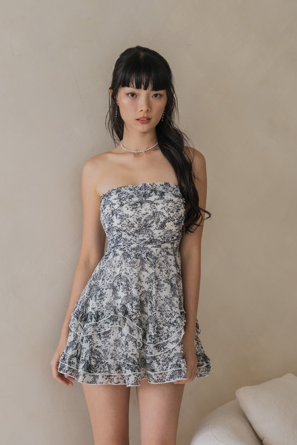 Emery Padded Romper Dress (Monochrome Floral)