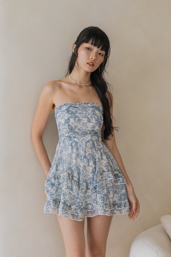 Emery Padded Romper Dress (Cream Blue Floral)