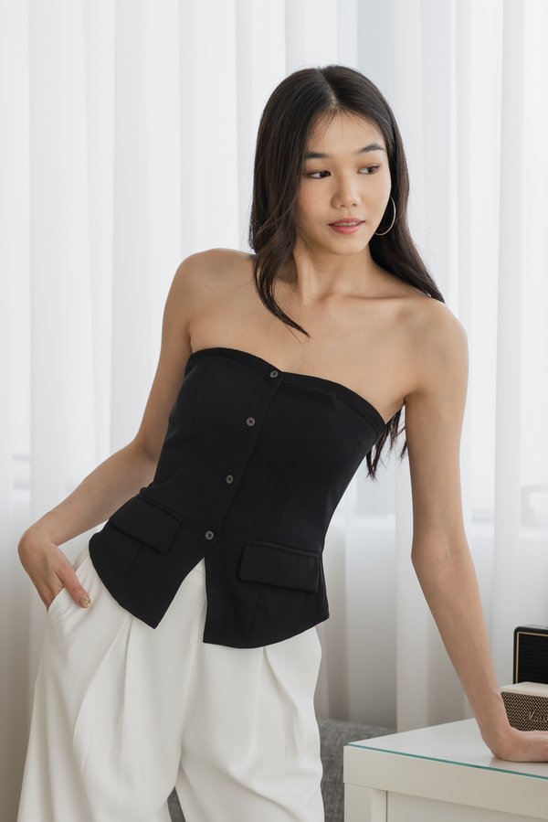 Veida Button Down Padded Top (Black)