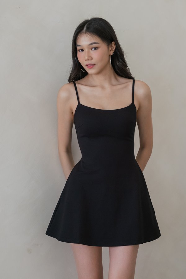 *Premium Luxe* Elara Padded Flare Romper Dress (Black)