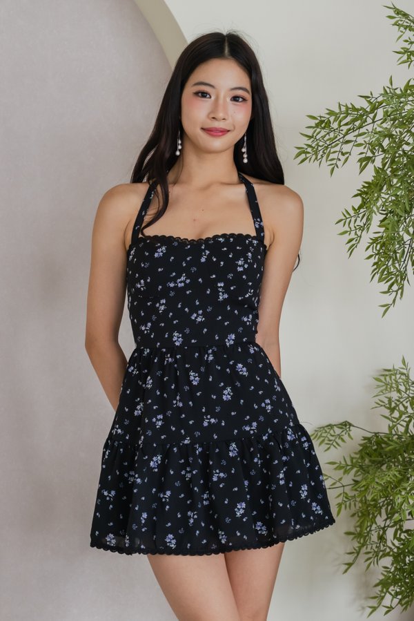 Seorena Lace Halter Padded Dress V2 (Black Lilac Floral)