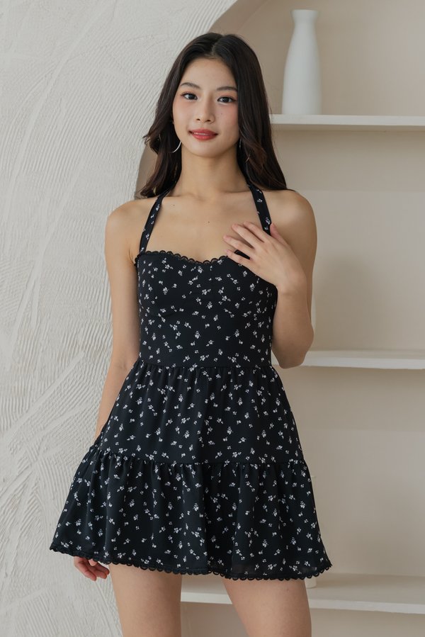 Seorena Lace Halter Padded Dress V2 (Black White Floral)