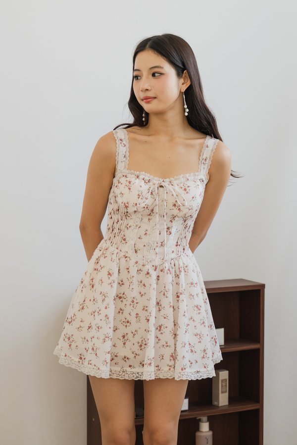 Amelie Padded Bustier Lace Romper Dress (Cream Floral)