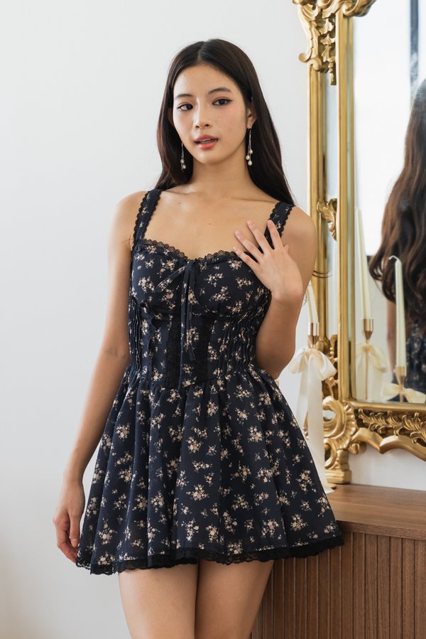 Amelie Padded Bustier Lace Romper Dress (Black Floral)
