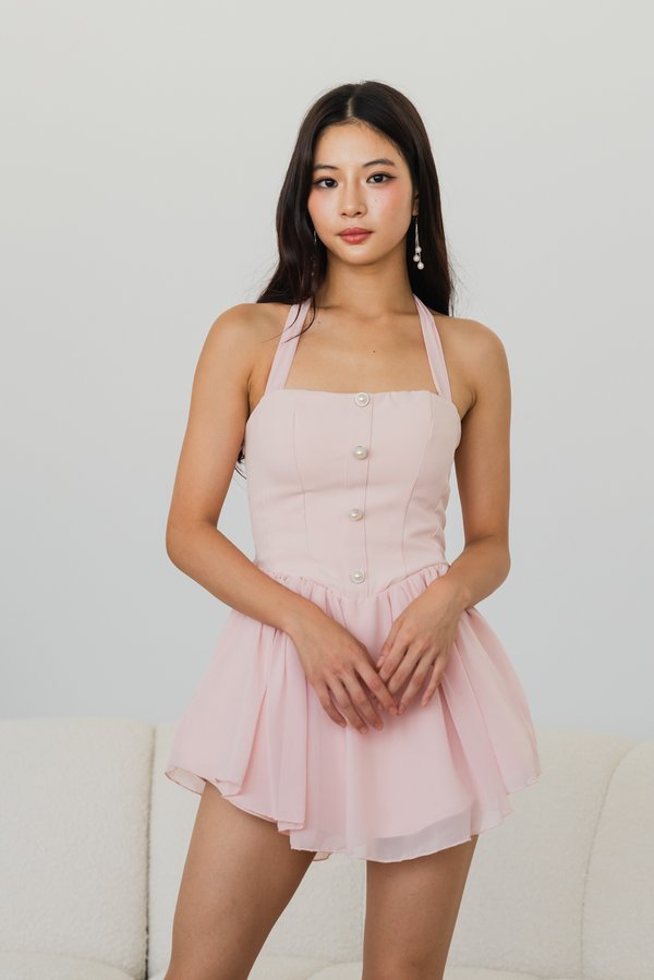Belle Pearl Button Halter Padded Romper Dress (Pink) Belle Pearl Button Halter Padded Romper Dress (Pink)