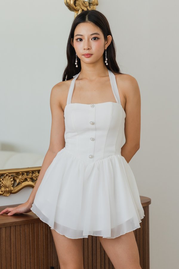 Belle Pearl Button Halter Padded Romper Dress (White) Belle Pearl Button Halter Padded Romper Dress (White)