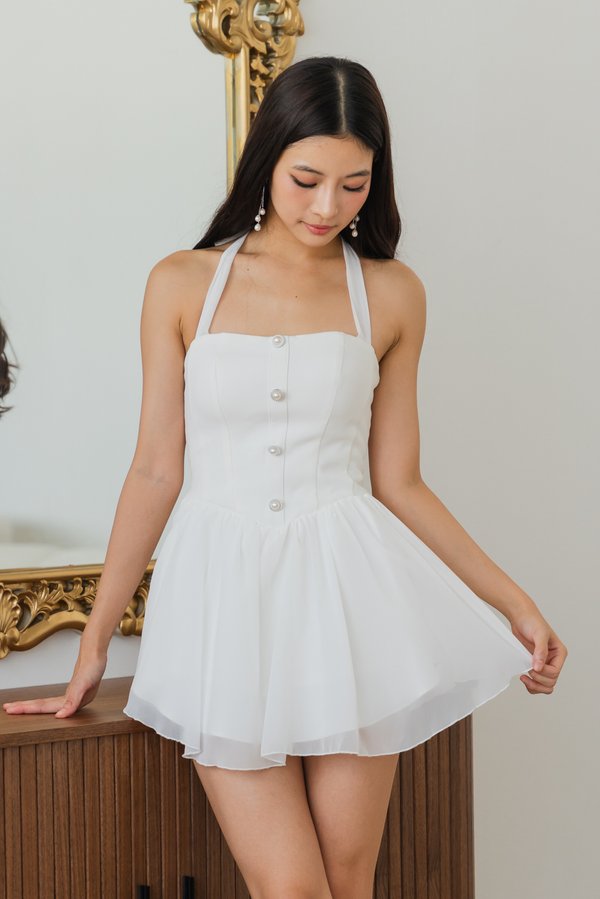 Belle Pearl Button Halter Padded Romper Dress (White) Belle Pearl Button Halter Padded Romper Dress (White)