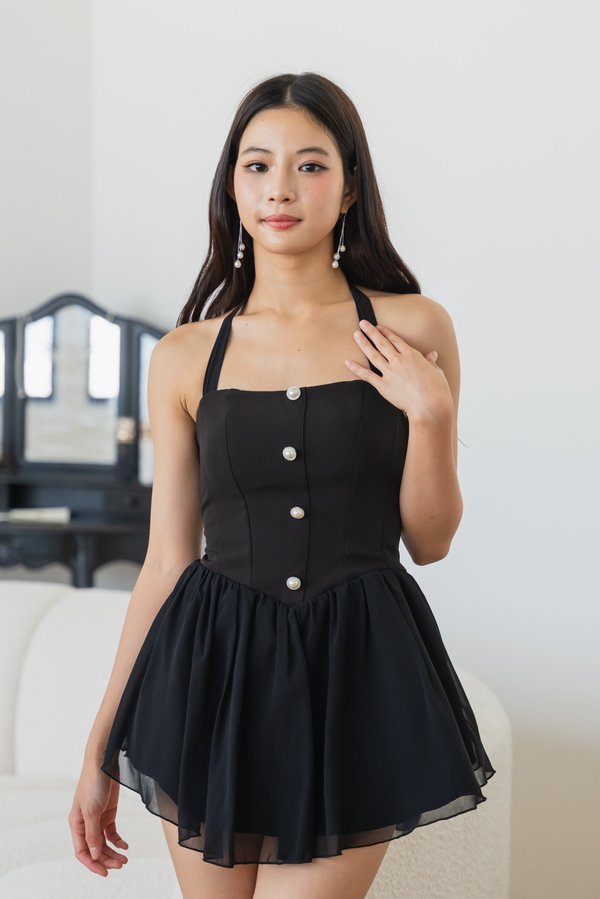 Belle Pearl Button Halter Padded Romper Dress (Black)
