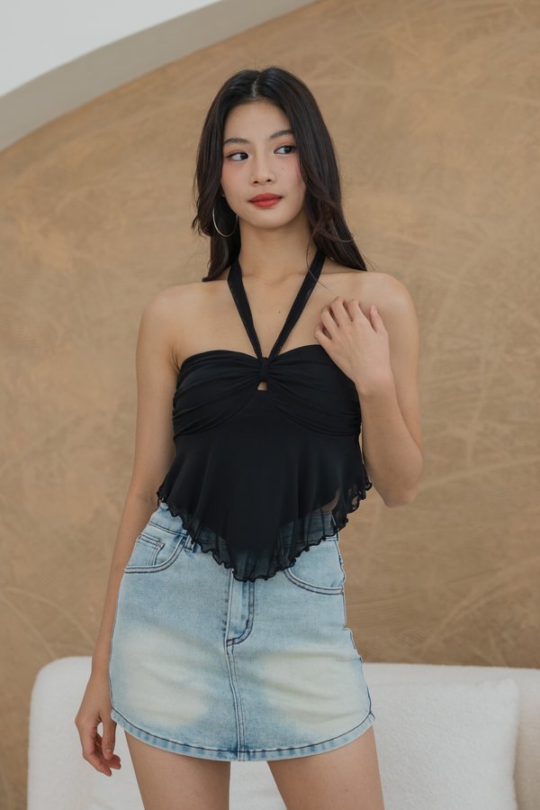 Hera Mesh Self Tie Padded Tube Top (Black)