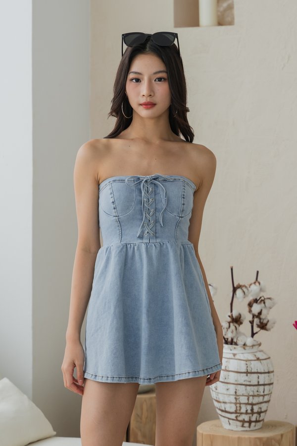 Dazie Denim Corset Romper Dress (Light Wash)
