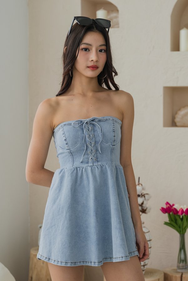Dazie Denim Corset Romper Dress (Light Wash)