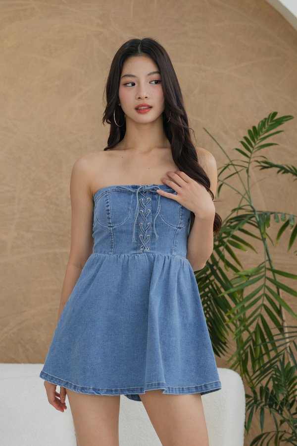 Dazie Denim Corset Romper Dress (Mid Wash)
