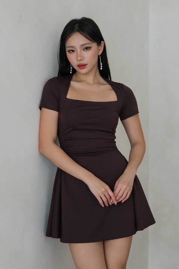 *Luxe* Zaida Ruched Padded Romper Dress (Brown) *Luxe* Zaida Ruched Padded Romper Dress (Brown)