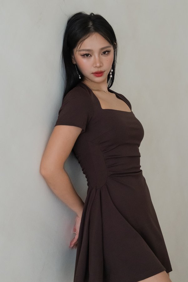*Luxe* Zaida Ruched Padded Romper Dress (Brown) *Luxe* Zaida Ruched Padded Romper Dress (Brown)