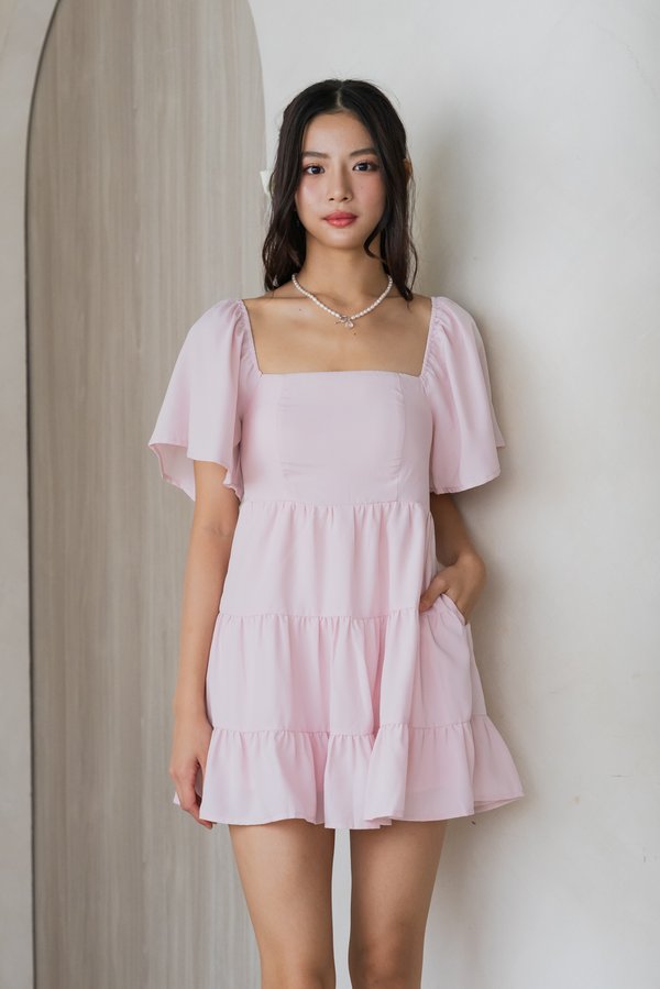 [SLEEVED] Kaelyn Padded Tier Romper Dress (Soft Pink)