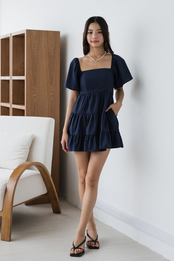 [SLEEVED] Kaelyn Padded Tier Romper Dress (Navy)