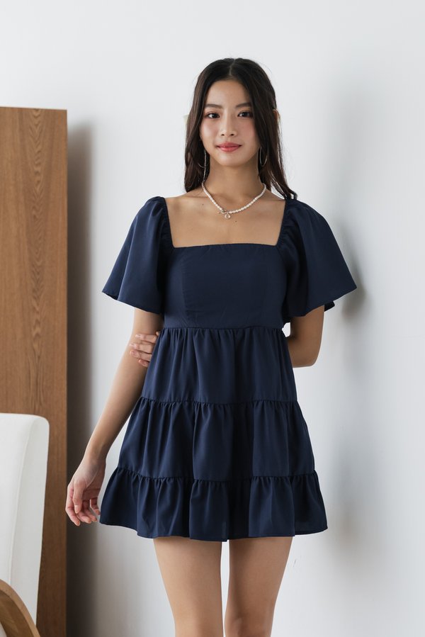 [SLEEVED] Kaelyn Padded Tier Romper Dress (Navy)