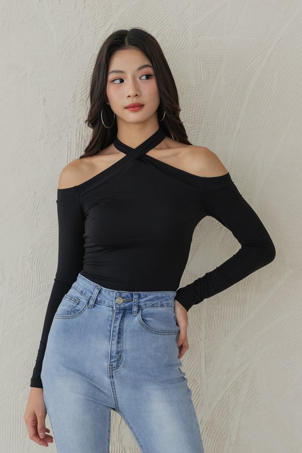 Chaya Cross Long Sleeve Padded Top (Black)