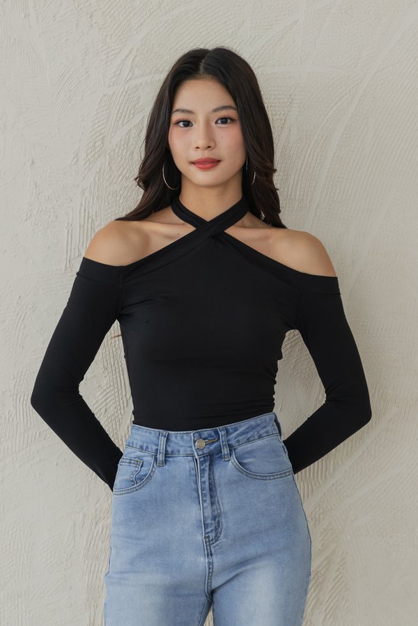 Chaya Cross Long Sleeve Padded Top (Black)