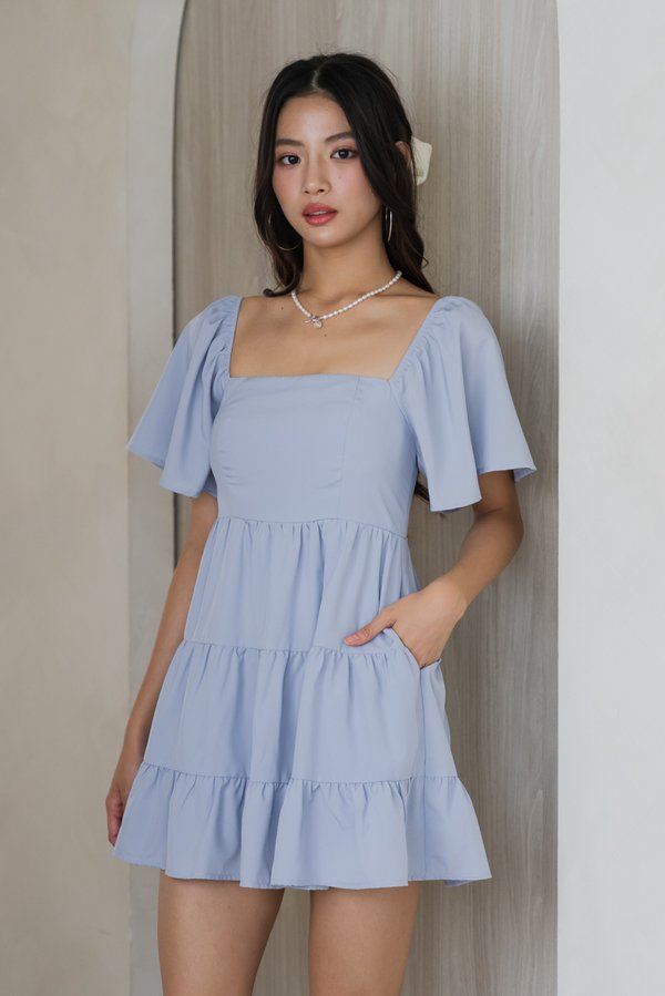 [SLEEVED] Kaelyn Padded Tier Romper Dress (Baby Blue)