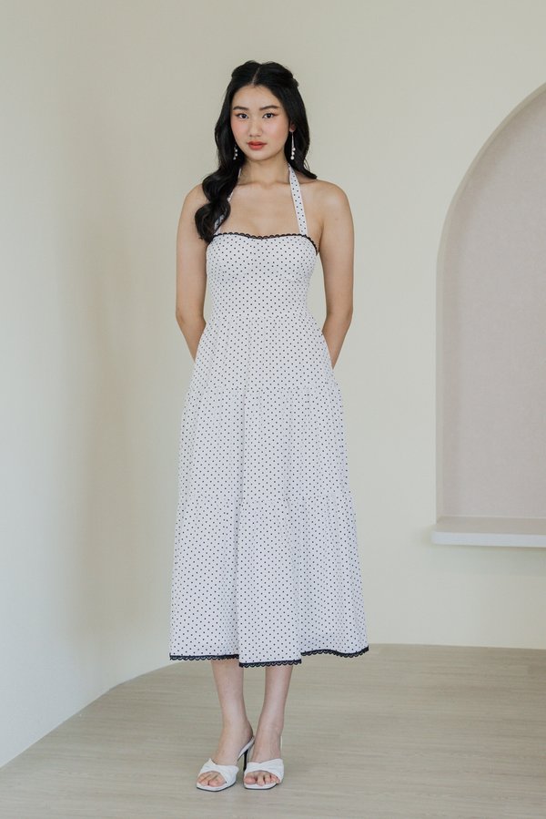 Soleira Polka Padded Midi Dress (White)