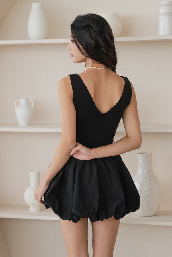 Micole Padded V Back Bubble Romper Dress (Black)