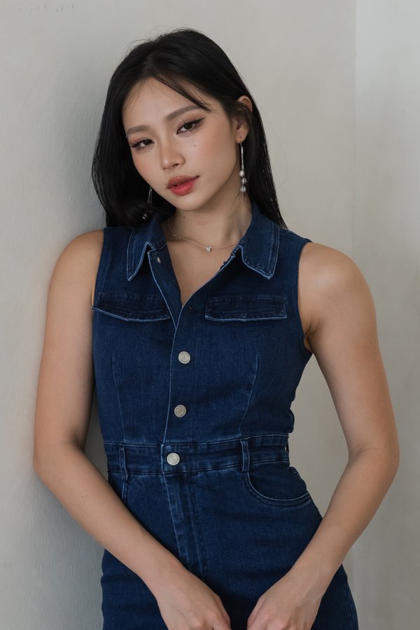 Novir Button Padded Denim Dress (Dark Wash)