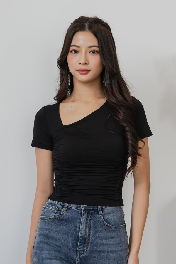 Zuri Slanted Ruched Padded Top (Black) Zuri Slanted Ruched Padded Top (Black)