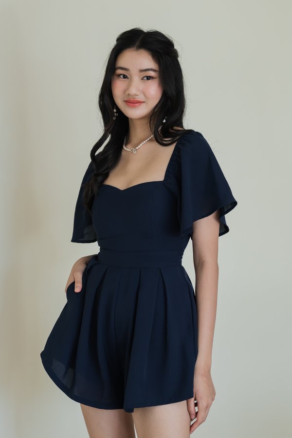 [SLEEVED] Lazanne Sweetheart Pleated Romper (Navy)