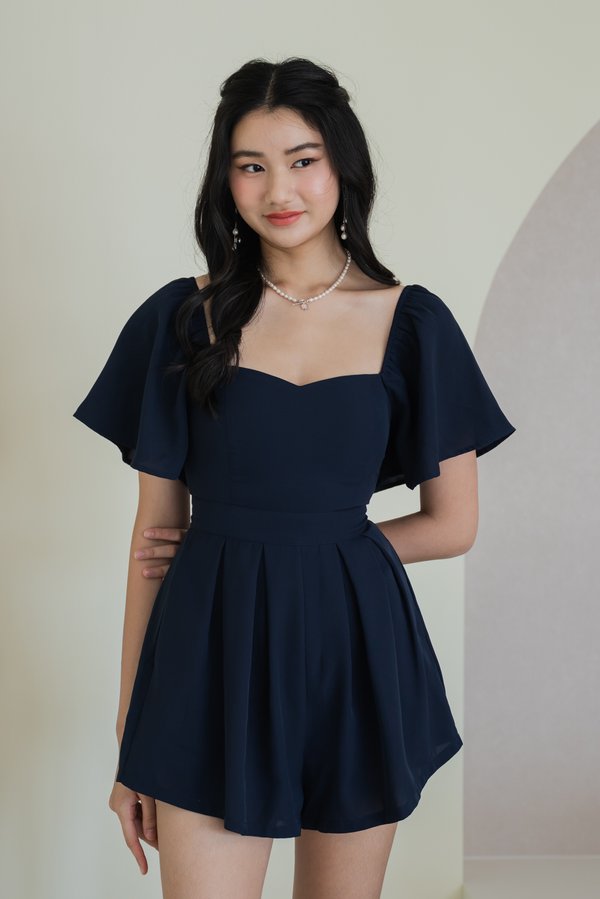 [SLEEVED] Lazanne Sweetheart Pleated Romper (Navy)