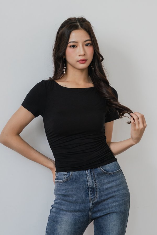 Raine Boat Neck Sleeve Padded Top (Black)