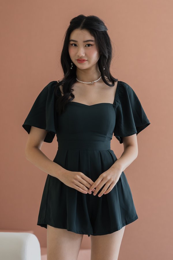 [SLEEVED] Lazanne Sweetheart Pleated Romper (Dark Emerald Green)