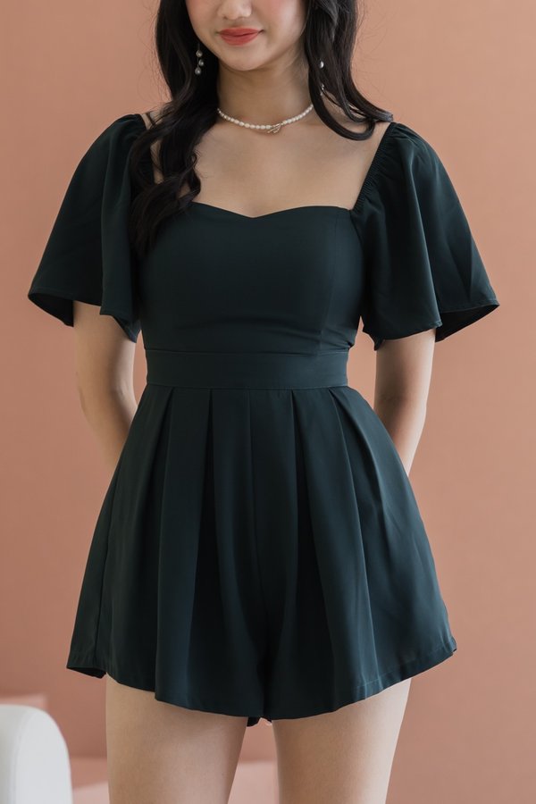 [SLEEVED] Lazanne Sweetheart Pleated Romper (Dark Emerald Green)
