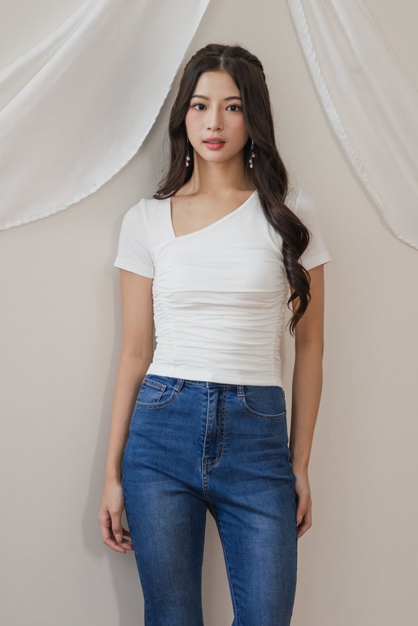 Zuri Slanted Ruched Padded Top (White) Zuri Slanted Ruched Padded Top (White)