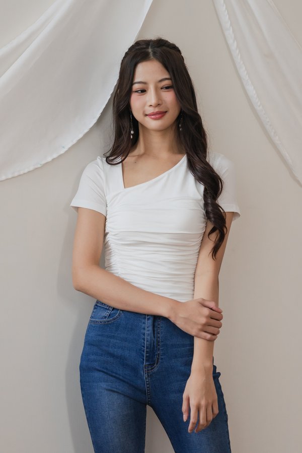 Zuri Slanted Ruched Padded Top (White) Zuri Slanted Ruched Padded Top (White)