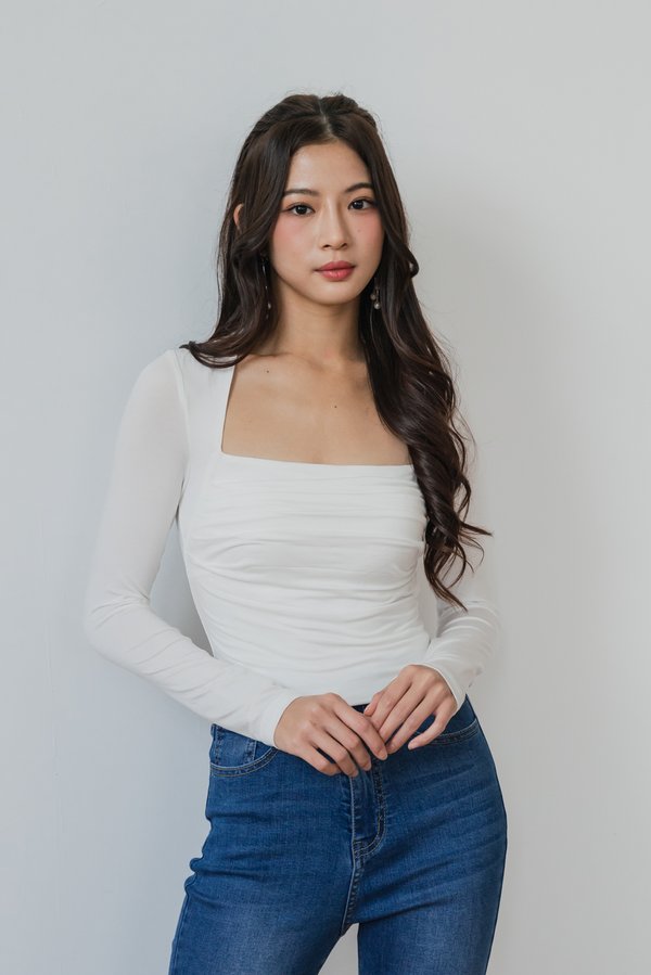 Jayla Ruched Long Sleeve Padded Top V2 (White) Jayla Ruched Long Sleeve Padded Top V2 (White)