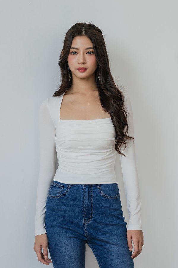Jayla Ruched Long Sleeve Padded Top V2 (White) Jayla Ruched Long Sleeve Padded Top V2 (White)