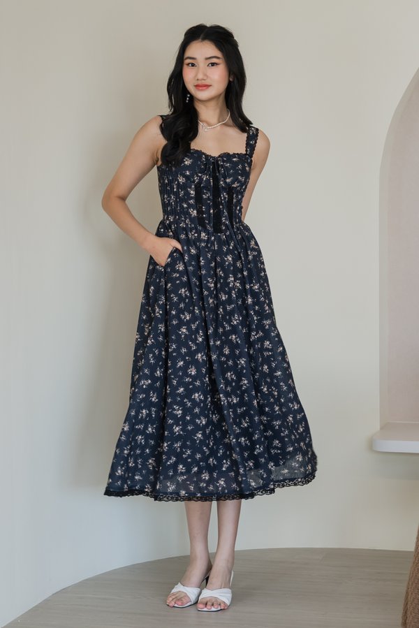 Amaris Padded Bustier Lace Midi Dress (Black Linen Floral)