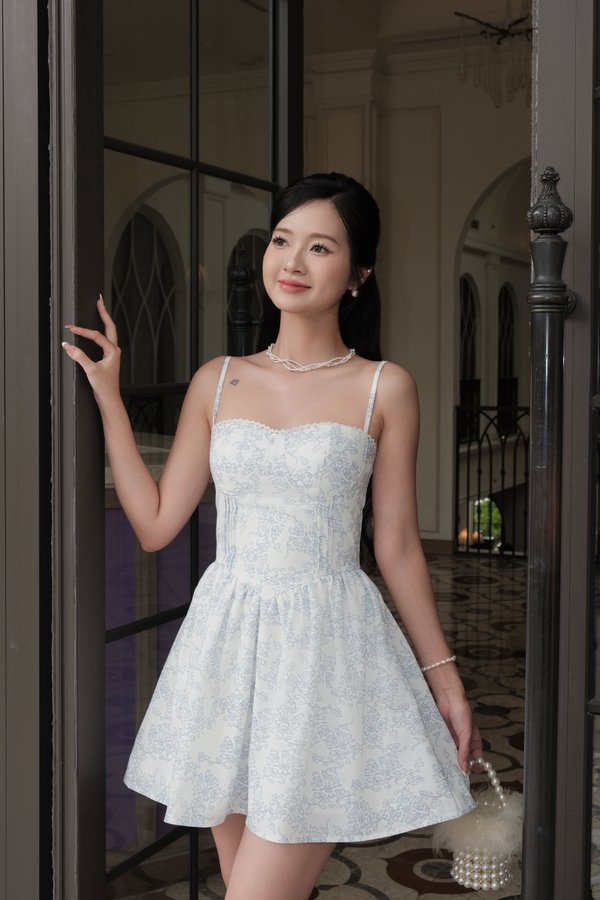 Anya Floral Bustier Padded Dress (Blue Floral)