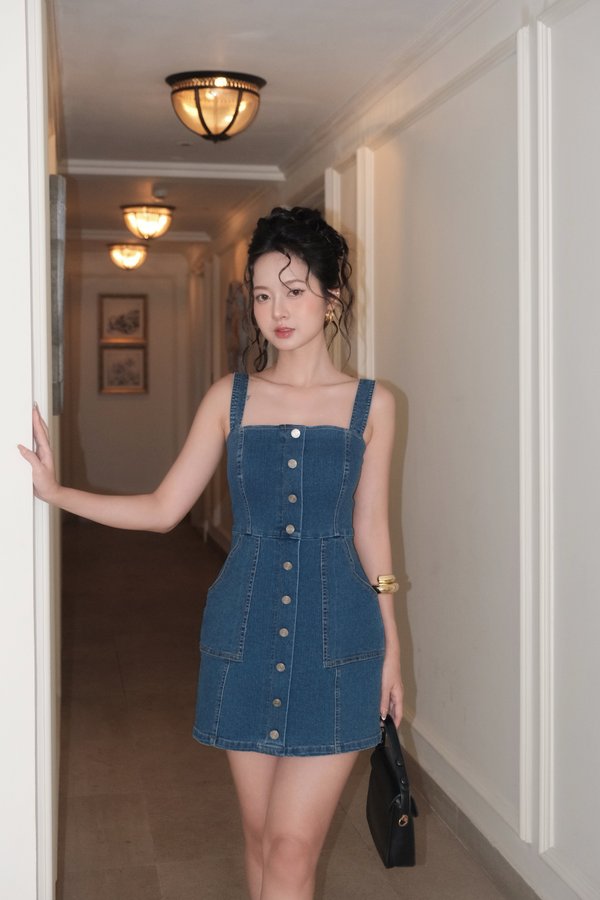 Meryl Button Denim Romper Dress (Mid Wash)