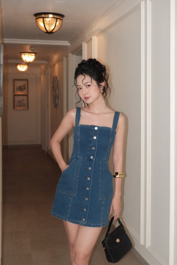 Meryl Button Denim Romper Dress (Mid Wash)