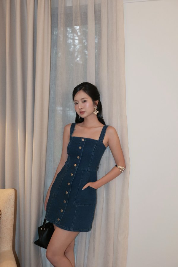 Meryl Button Denim Romper Dress (Dark Wash)