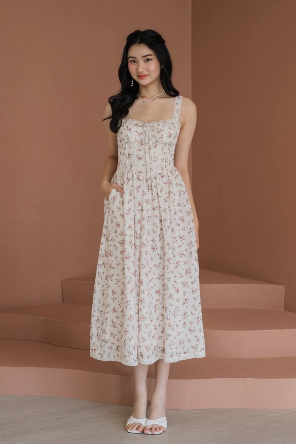 Amaris Padded Bustier Lace Midi Dress (Cream Linen Floral) Amaris Padded Bustier Lace Midi Dress (Cream Linen Floral)