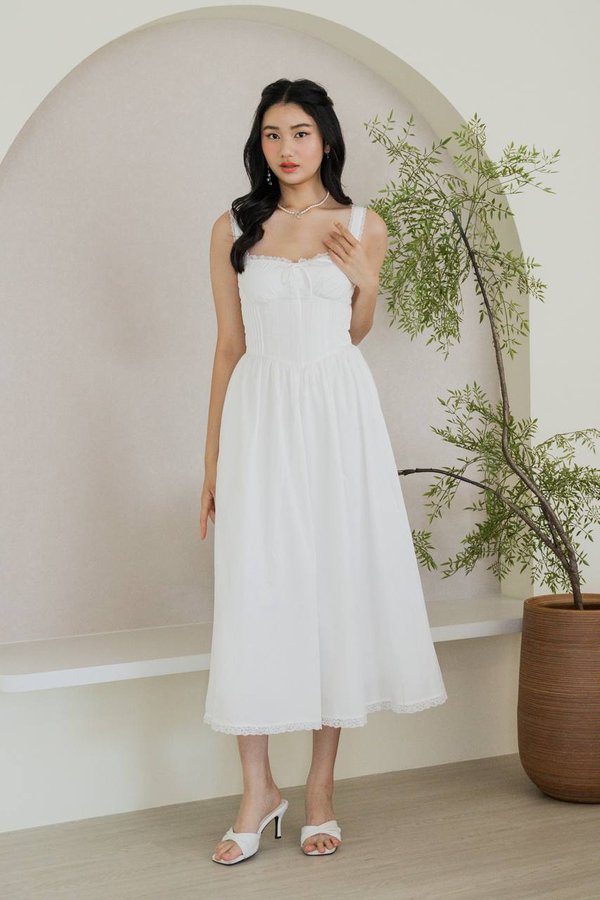 Amaris Padded Bustier Lace Midi Dress (White)