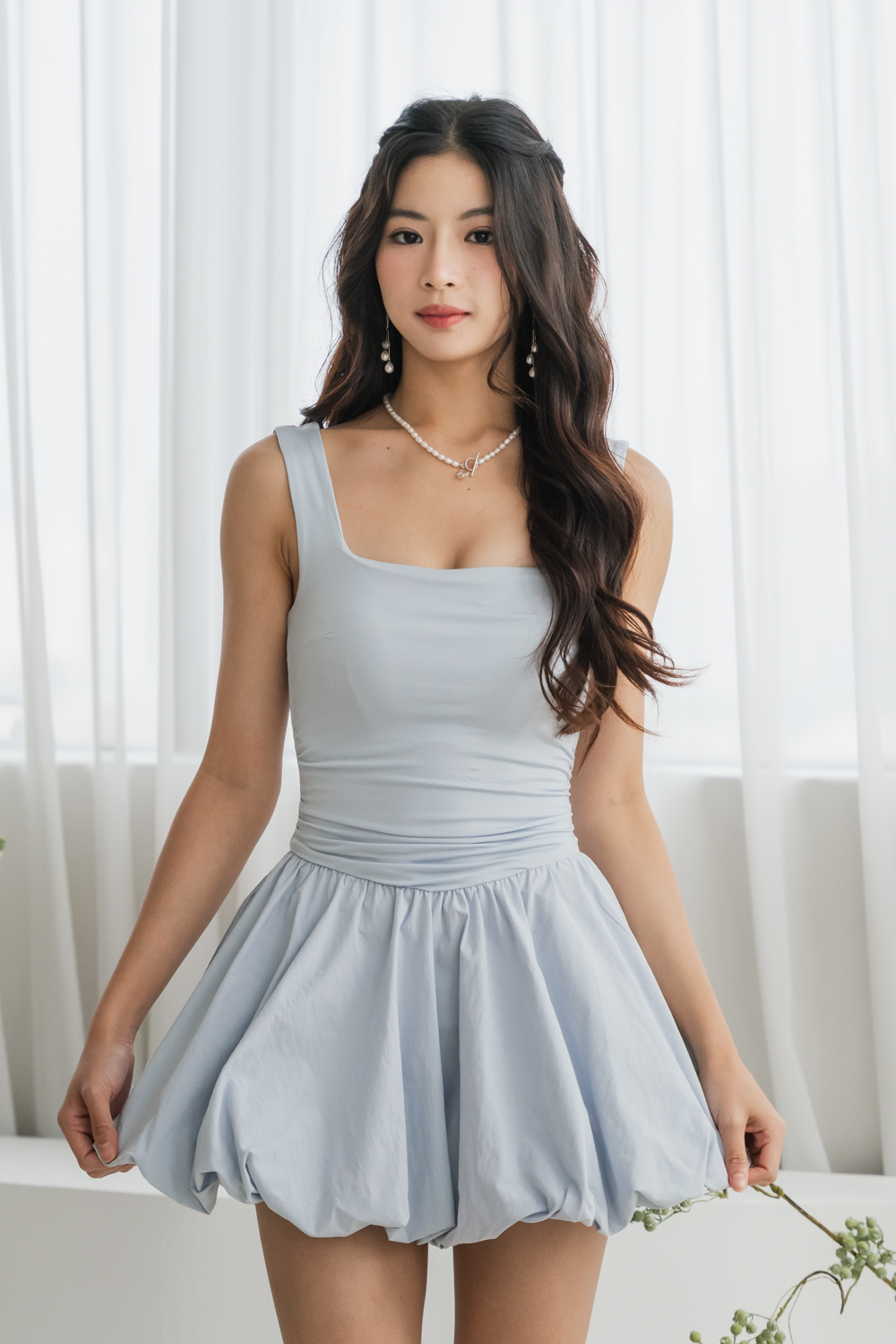 Micole Padded V Back Bubble Romper Dress (Soft Blue)
