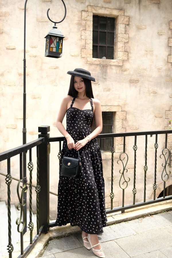 Soleira Floral Padded Midi Dress (Black Lilac Floral) Soleira Floral Padded Midi Dress (Black Lilac Floral)